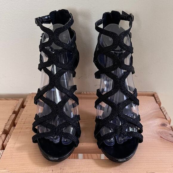 VINCE CAMUTO Cage Black Sparkling Glitter Heels 7.5 Night Out Statement Stiletto - Picture 2 of 16